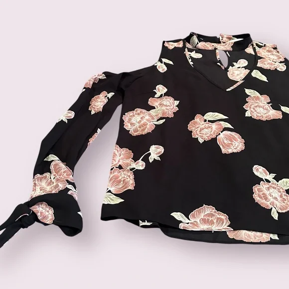 Women's Cupcakes & Cashmere Black Blouse with Pink Floral Cold Shoulder Design - Picture 2 of 11